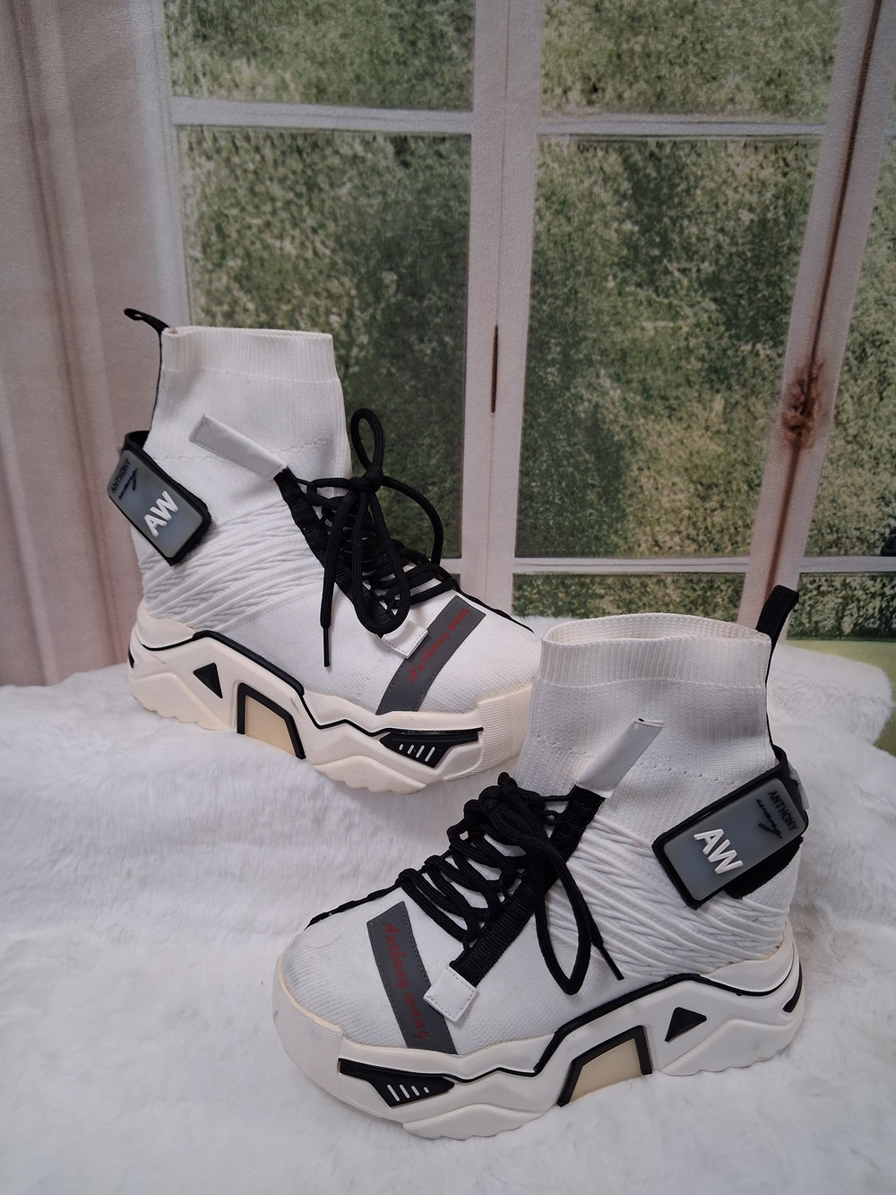 👟 Anthony Wang Damson Chunky Platform Sock Sneakers White/Black Sz 8.5